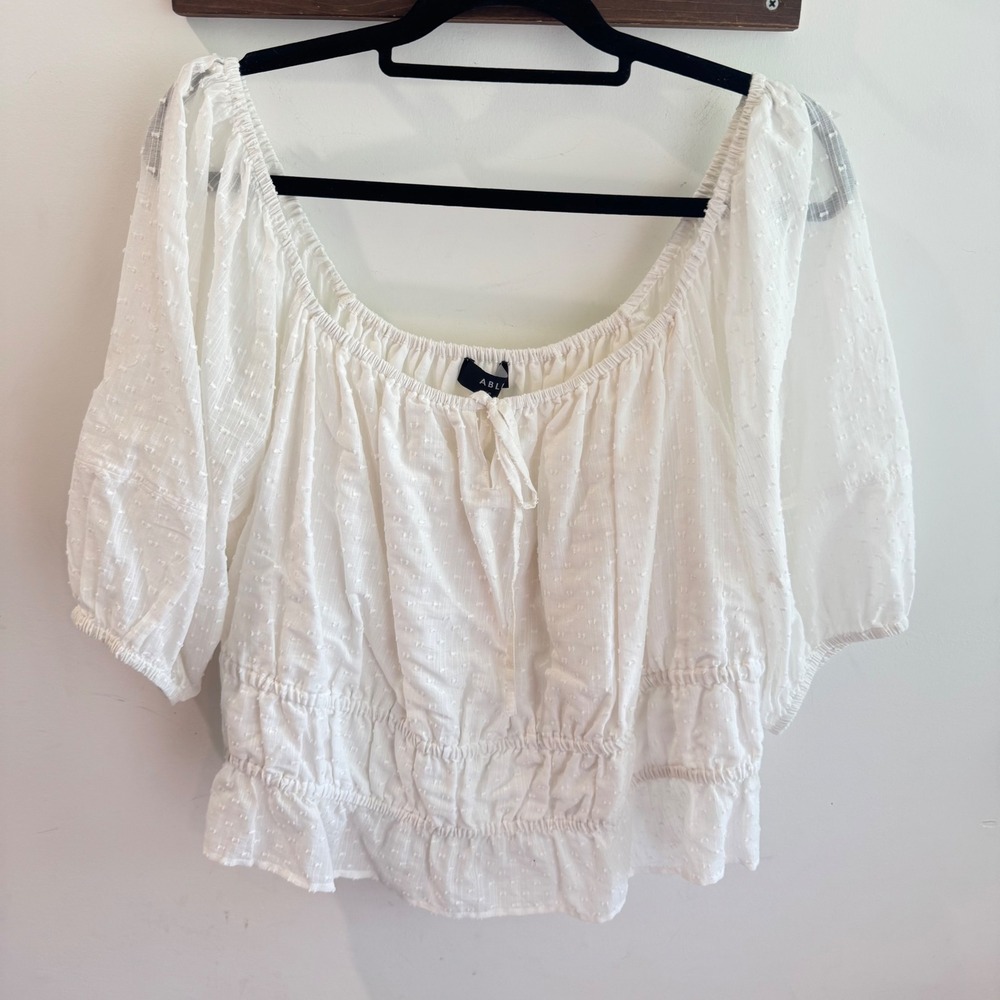 ABLE  White Swiss Dot Smocked Waist Blouse‎ Puff Sleeve Cotton Top 1X